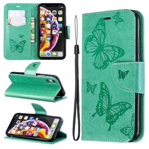 Embossing Double Butterfly Leather Wallet Case for iPhone Xr (6.1 inch) - Green
