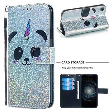 Panda Unicorn Sequins Painted Leather Wallet Case for iPhone Xr (6.1 inch)