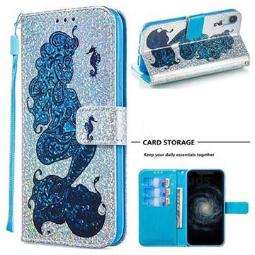 Mermaid Seahorse Sequins Painted Leather Wallet Case for iPhone Xr (6.1 inch)