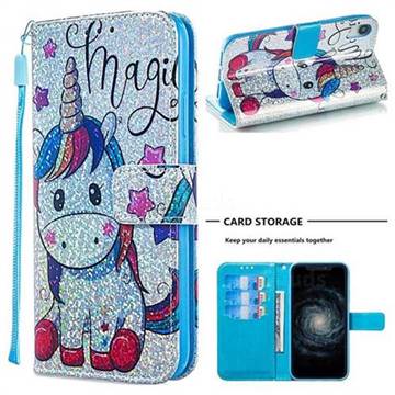Star Unicorn Sequins Painted Leather Wallet Case for iPhone Xr (6.1 inch)