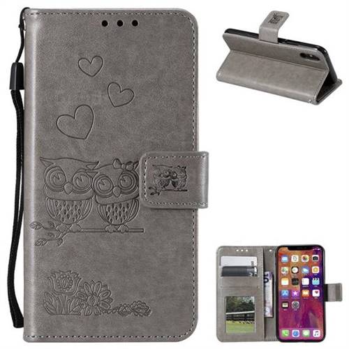 Embossing Owl Couple Flower Leather Wallet Case for iPhone Xr (6.1 inch) - Gray