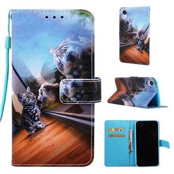 Mirror Cat Matte Leather Wallet Phone Case for iPhone Xr (6.1 inch)