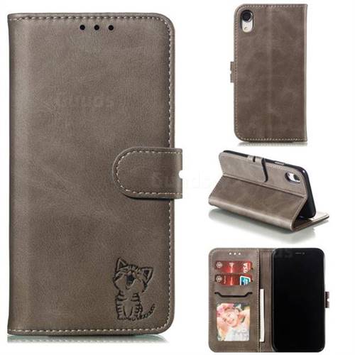Embossing Happy Cat Leather Wallet Case for iPhone Xr (6.1 inch) - Gray