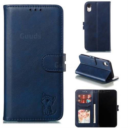 Embossing Happy Cat Leather Wallet Case for iPhone Xr (6.1 inch) - Blue