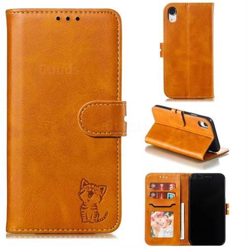 Embossing Happy Cat Leather Wallet Case for iPhone Xr (6.1 inch) - Yellow