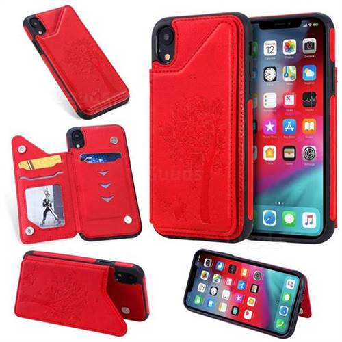 Luxury Tree and Cat Multifunction Magnetic Card Slots Stand Leather Phone Back Cover for iPhone Xr (6.1 inch) - Red