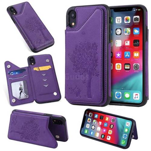 Luxury Tree and Cat Multifunction Magnetic Card Slots Stand Leather Phone Back Cover for iPhone Xr (6.1 inch) - Purple