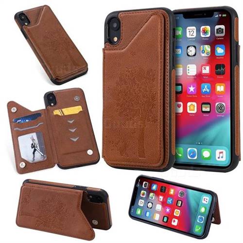 Luxury Tree and Cat Multifunction Magnetic Card Slots Stand Leather Phone Back Cover for iPhone Xr (6.1 inch) - Brown