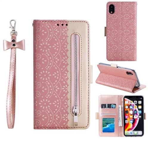 Luxury Lace Zipper Stitching Leather Phone Wallet Case for iPhone Xr (6.1 inch) - Pink