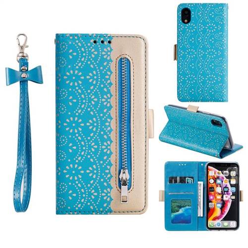Luxury Lace Zipper Stitching Leather Phone Wallet Case for iPhone Xr (6.1 inch) - Blue