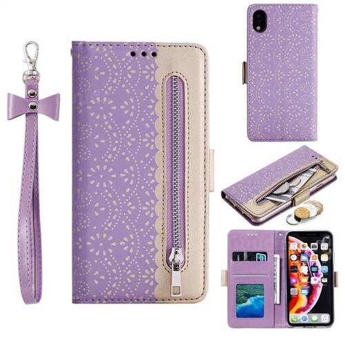 Luxury Lace Zipper Stitching Leather Phone Wallet Case for iPhone Xr (6.1 inch) - Purple