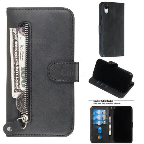 Retro Luxury Zipper Leather Phone Wallet Case for iPhone Xr (6.1 inch) - Black