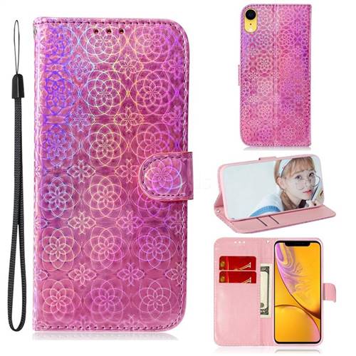 Laser Circle Shining Leather Wallet Phone Case for iPhone Xr (6.1 inch) - Pink