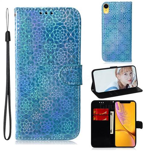 Laser Circle Shining Leather Wallet Phone Case for iPhone Xr (6.1 inch) - Blue