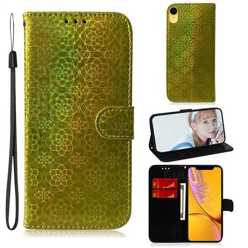 Laser Circle Shining Leather Wallet Phone Case for iPhone Xr (6.1 inch) - Golden