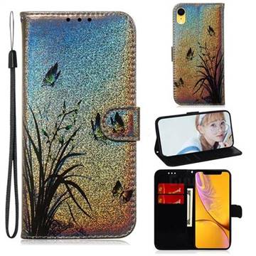 Butterfly Orchid Laser Shining Leather Wallet Phone Case for iPhone Xr (6.1 inch)