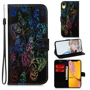 Black Butterfly Laser Shining Leather Wallet Phone Case for iPhone Xr (6.1 inch)