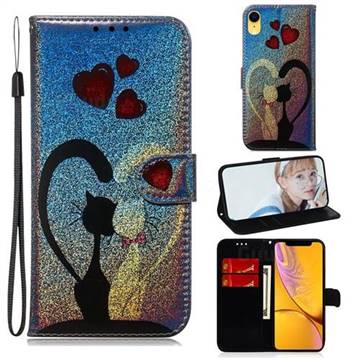 Love Cat Laser Shining Leather Wallet Phone Case for iPhone Xr (6.1 inch)