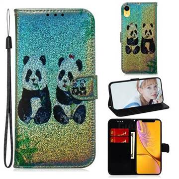 Two Pandas Laser Shining Leather Wallet Phone Case for iPhone Xr (6.1 inch)