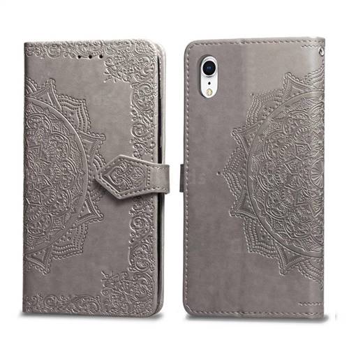 Embossing Imprint Mandala Flower Leather Wallet Case for iPhone Xr (6.1 inch) - Gray