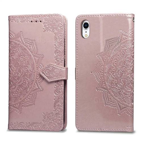 Embossing Imprint Mandala Flower Leather Wallet Case for iPhone Xr (6.1 inch) - Rose Gold