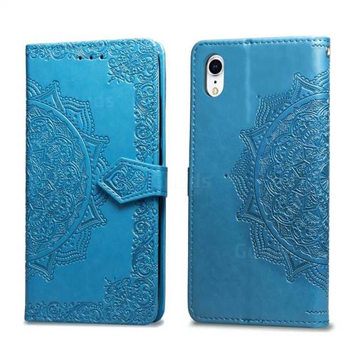 Embossing Imprint Mandala Flower Leather Wallet Case for iPhone Xr (6.1 inch) - Blue
