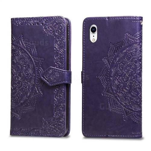 Embossing Imprint Mandala Flower Leather Wallet Case for iPhone Xr (6.1 inch) - Purple