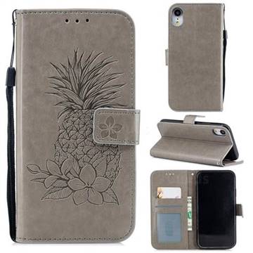Embossing Flower Pineapple Leather Wallet Case for iPhone Xr (6.1 inch) - Gray