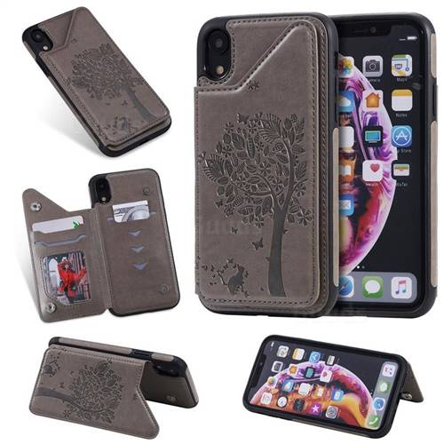 Luxury R61 Tree Cat Magnetic Stand Card Leather Phone Case for iPhone Xr (6.1 inch) - Gray