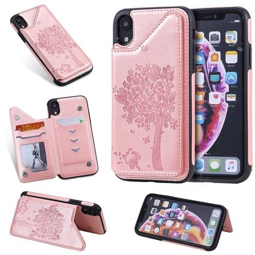 Luxury R61 Tree Cat Magnetic Stand Card Leather Phone Case for iPhone Xr (6.1 inch) - Rose Gold