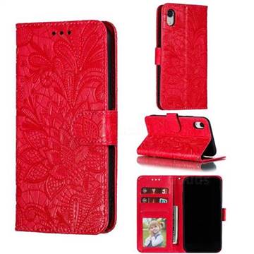 Intricate Embossing Lace Jasmine Flower Leather Wallet Case for iPhone Xr (6.1 inch) - Red