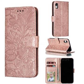 Intricate Embossing Lace Jasmine Flower Leather Wallet Case for iPhone Xr (6.1 inch) - Rose Gold