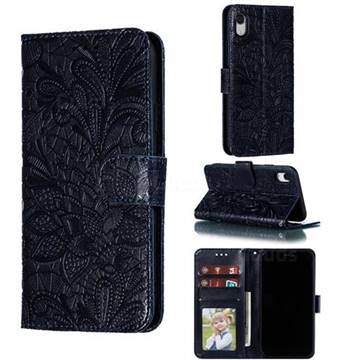 Intricate Embossing Lace Jasmine Flower Leather Wallet Case for iPhone Xr (6.1 inch) - Dark Blue