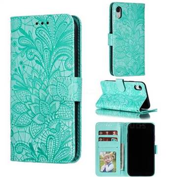Intricate Embossing Lace Jasmine Flower Leather Wallet Case for iPhone Xr (6.1 inch) - Green