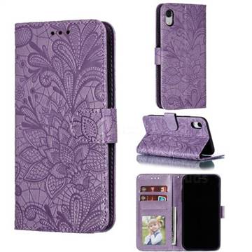 Intricate Embossing Lace Jasmine Flower Leather Wallet Case for iPhone Xr (6.1 inch) - Purple