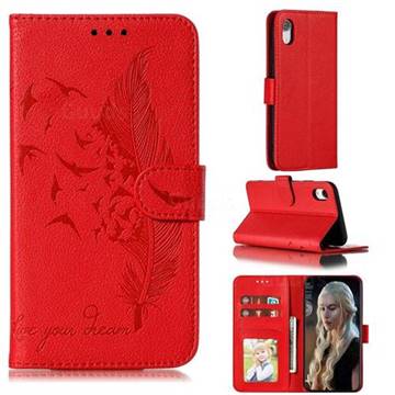 Intricate Embossing Lychee Feather Bird Leather Wallet Case for iPhone Xr (6.1 inch) - Red