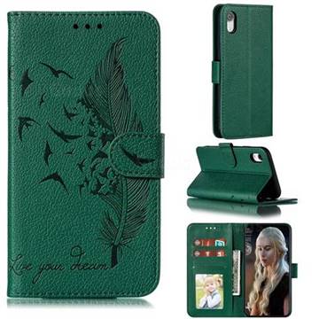 Intricate Embossing Lychee Feather Bird Leather Wallet Case for iPhone Xr (6.1 inch) - Green