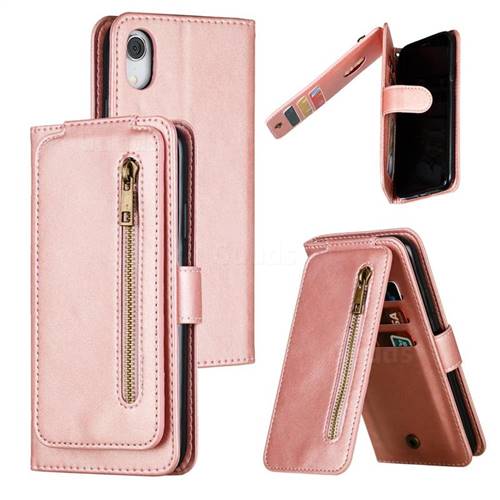Multifunction 9 Cards Leather Zipper Wallet Phone Case for iPhone Xr (6.1 inch) - Rose Gold