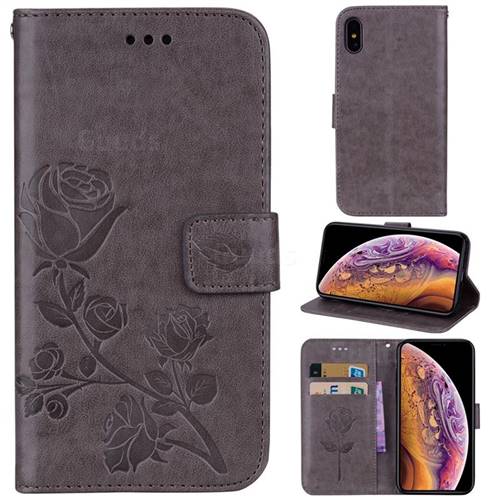Embossing Rose Flower Leather Wallet Case for iPhone Xr (6.1 inch) - Grey