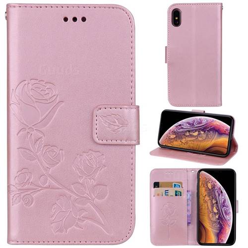 Embossing Rose Flower Leather Wallet Case for iPhone Xr (6.1 inch) - Rose Gold