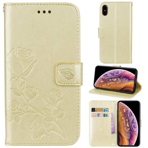Embossing Rose Flower Leather Wallet Case for iPhone Xr (6.1 inch) - Golden