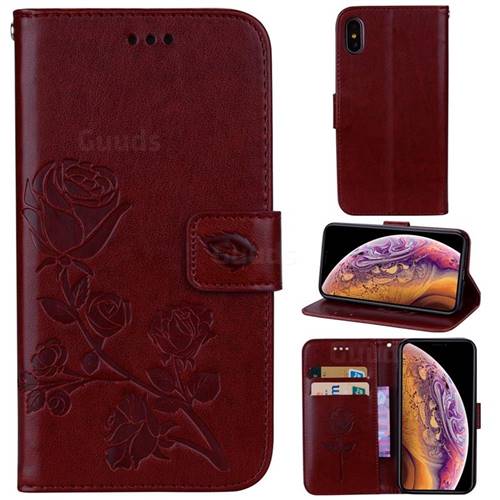 Embossing Rose Flower Leather Wallet Case for iPhone Xr (6.1 inch) - Brown