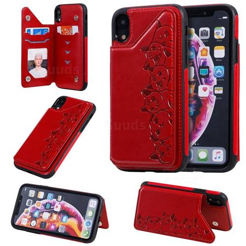 Yikatu Luxury Cute Cats Multifunction Magnetic Card Slots Stand Leather Back Cover for iPhone Xr (6.1 inch) - Red