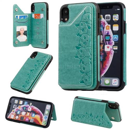 Yikatu Luxury Cute Cats Multifunction Magnetic Card Slots Stand Leather Back Cover for iPhone Xr (6.1 inch) - Green