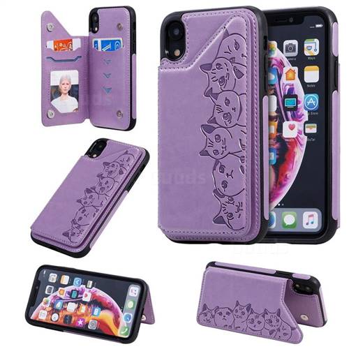 Yikatu Luxury Cute Cats Multifunction Magnetic Card Slots Stand Leather Back Cover for iPhone Xr (6.1 inch) - Purple