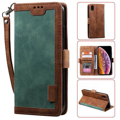 Luxury Retro Stitching Leather Wallet Phone Case for iPhone Xr (6.1 inch) - Dark Green