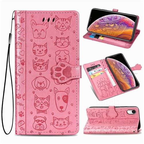 Embossing Dog Paw Kitten and Puppy Leather Wallet Case for iPhone Xr (6.1 inch) - Pink