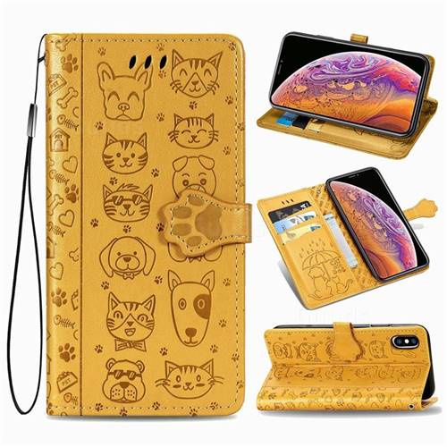 Embossing Dog Paw Kitten and Puppy Leather Wallet Case for iPhone Xr (6.1 inch) - Yellow