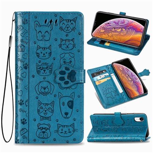 Embossing Dog Paw Kitten and Puppy Leather Wallet Case for iPhone Xr (6.1 inch) - Blue