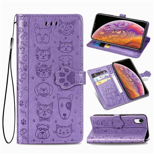 Embossing Dog Paw Kitten and Puppy Leather Wallet Case for iPhone Xr (6.1 inch) - Purple